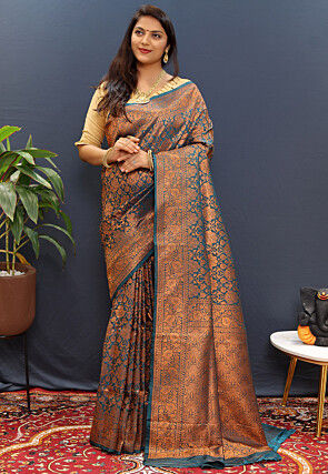 Woven Art Silk Saree in Teal Blue