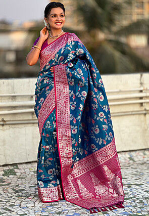 Woven Art Silk Saree in Teal Blue