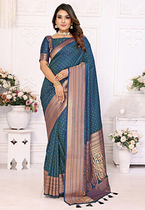 Woven Art Silk Saree in Teal Blue
