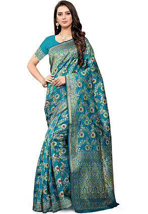 Woven Art Silk Saree in Teal Blue