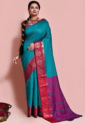 Woven Art Silk Saree in Teal Blue