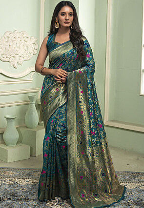Woven Art Silk Saree in Teal Blue