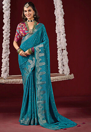 Woven Art Silk Saree in Teal Blue