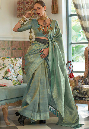 Woven Art Silk Saree in Teal Blue