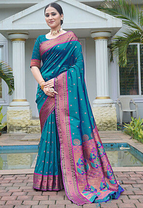 Woven Art Silk Saree in Teal Blue