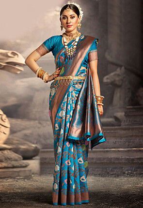 Woven Art Silk Saree in Teal Blue