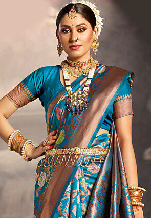 Woven Art Silk Saree in Teal Blue