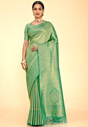 Woven Art Silk Saree in Teal Green and Golden