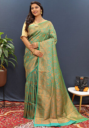 Woven Art Silk Saree in Teal Green