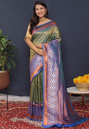 Woven Art Silk Saree in Teal Green