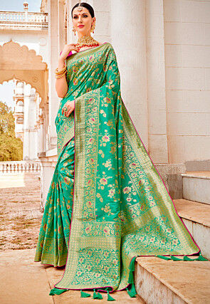 Woven Art Silk Saree in Teal Green
