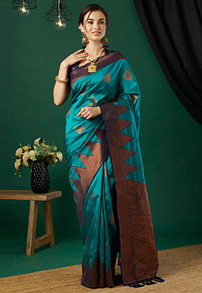 Woven Art Silk Saree in Teal Green