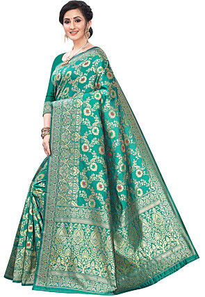 Woven Art Silk Saree in Teal Green