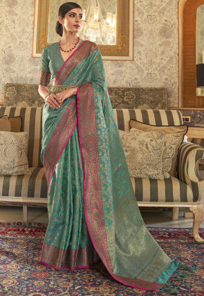 Woven Art Silk Saree in Teal Green