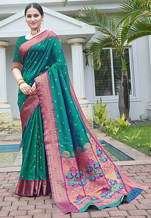 Woven Art Silk Saree in Teal Green