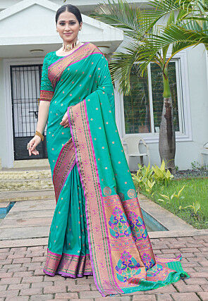 Woven Art Silk Saree in Teal Green