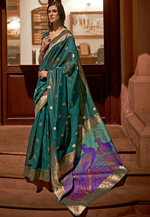 Woven Art Silk Saree in Teal Green