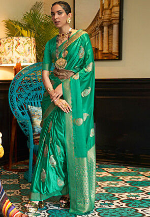 Woven Art Silk Saree in Teal Green