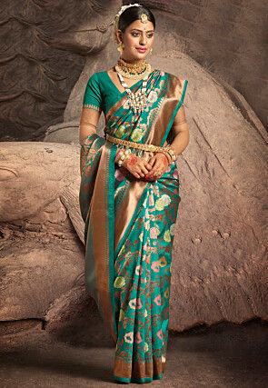 Woven Art Silk Saree in Teal Green