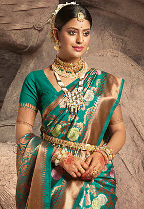 Woven Art Silk Saree in Teal Green