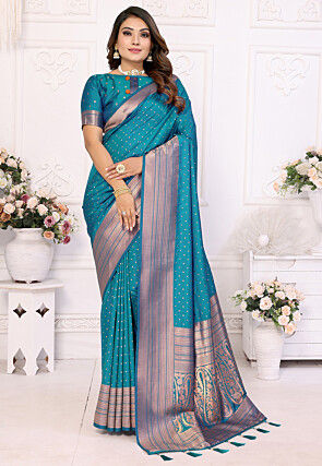 Woven Art Silk Saree in Turquoise