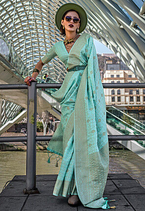 Woven Art Silk Saree in Turquoise