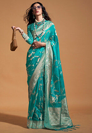 Woven Art Silk Saree in Turquoise