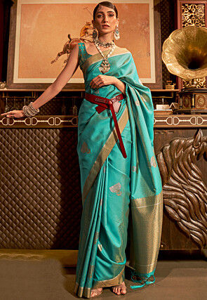 Turquoise Sarees – Buy Light Turquoise Saree with Silver Border