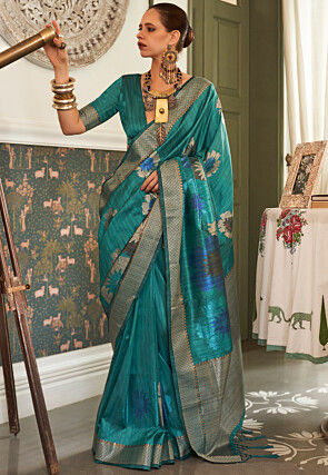 Woven Art Silk Saree in Teal Blue 