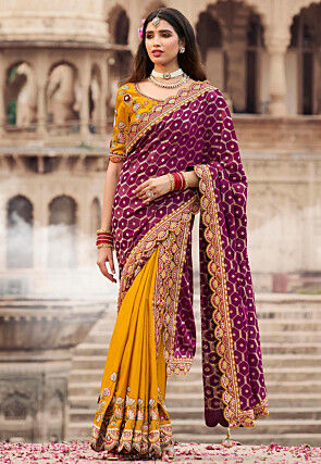 Woven Art Silk Saree in Wine and Mustard
