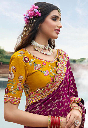 Woven Art Silk Saree in Wine and Mustard