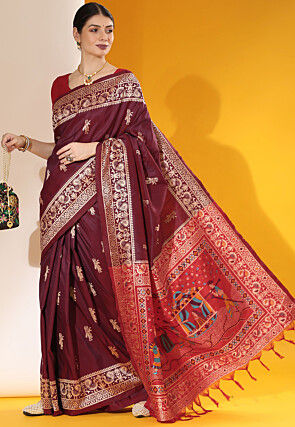 Woven Art Silk Saree in Wine