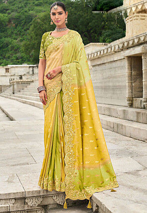Woven Art Silk Saree in Yellow and Light Green