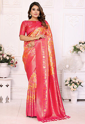 Woven Art Silk Saree in Yellow and Pink