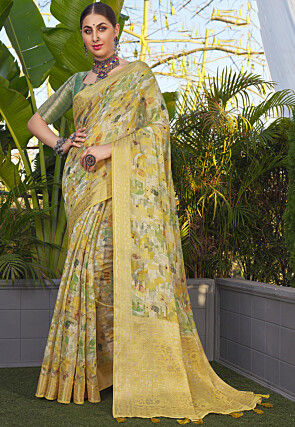 Digital Printed Art Silk Saree in Yellow