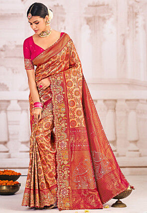 Woven Art Silk Scalloped Saree in Beige