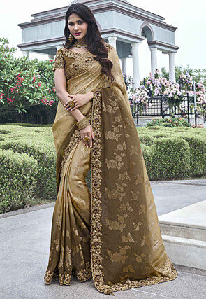 Woven Art Silk Scalloped Saree in Brown Ombre