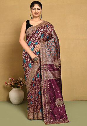 Woven Art Silk Scalloped Saree in Dark Purple