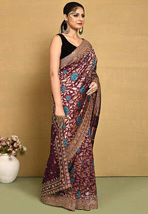 Woven Art Silk Scalloped Saree in Dark Purple