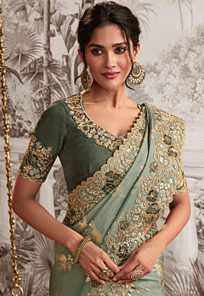 Woven Art Silk Scalloped Saree in Dusty Green