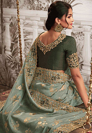 Woven Art Silk Scalloped Saree in Dusty Green