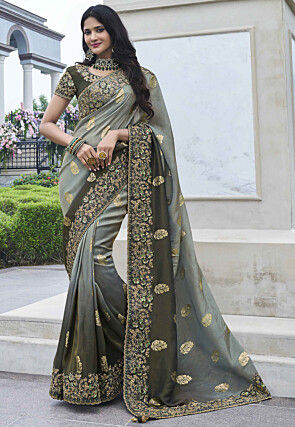 Woven Art Silk Scalloped Saree in Grey Ombre