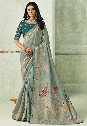 Woven Art Silk Scalloped Saree in Grey