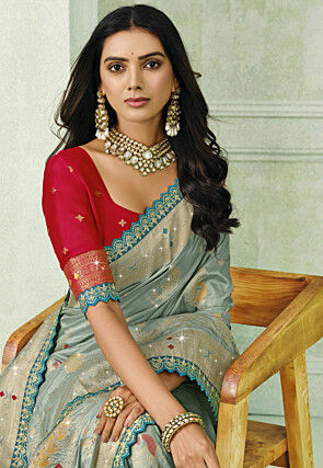Woven Art Silk Scalloped Saree in Grey