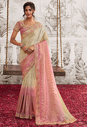 Woven Art Silk Scalloped Saree in Light Beige and Pink