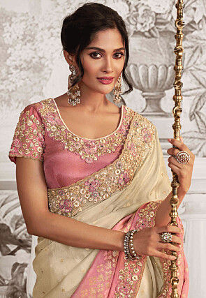 Woven Art Silk Scalloped Saree in Light Beige and Pink