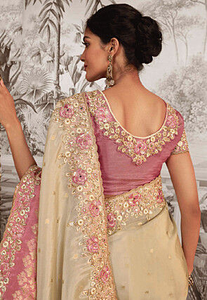 Woven Art Silk Scalloped Saree in Light Beige and Pink