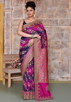Woven Art Silk Scalloped Saree in Pink and Navy Blue