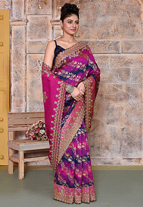 Woven Art Silk Scalloped Saree in Pink and Navy Blue