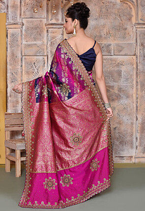 Woven Art Silk Scalloped Saree in Pink and Navy Blue